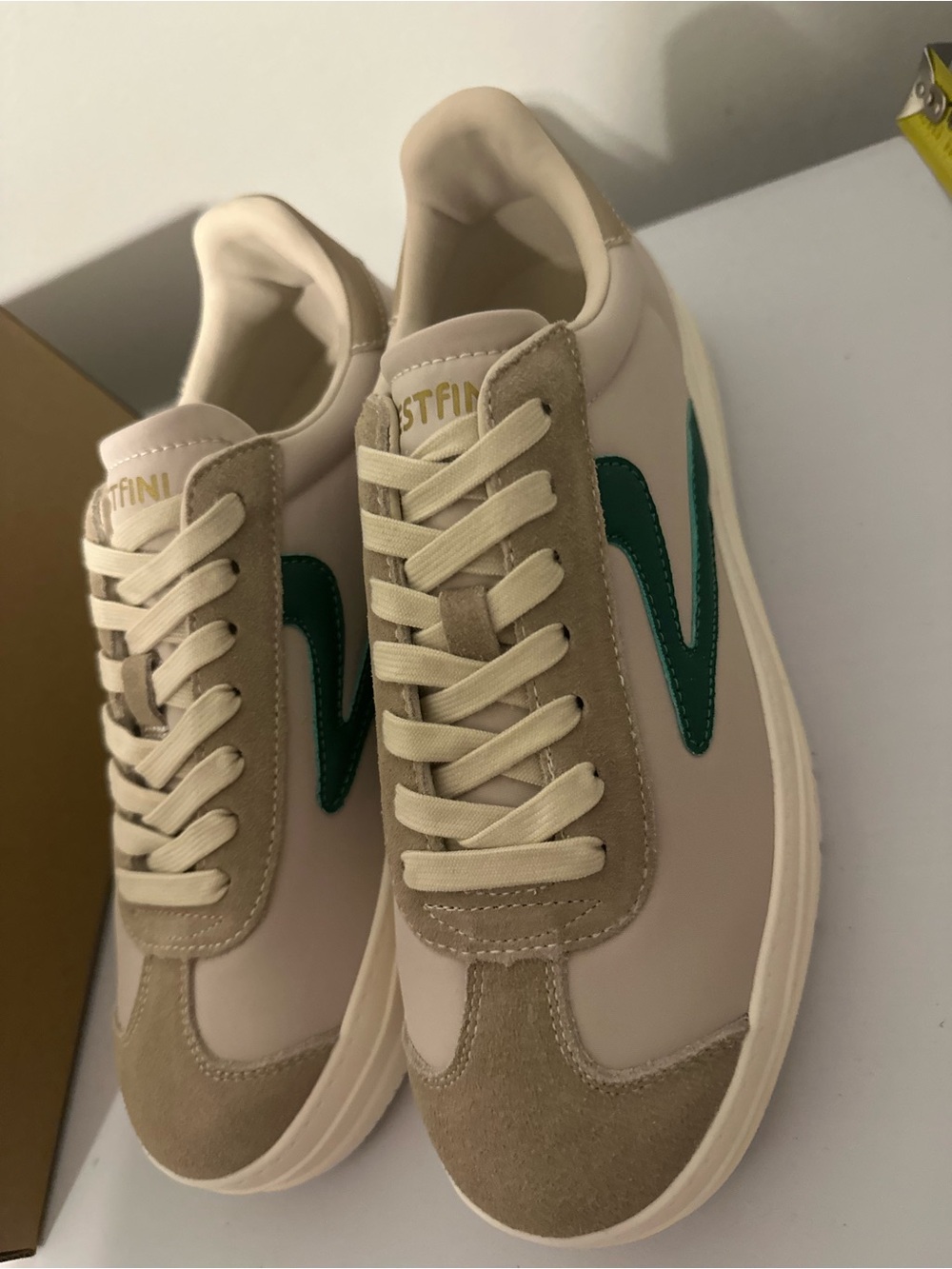 Neutral Beige Sneakers with Green Accent